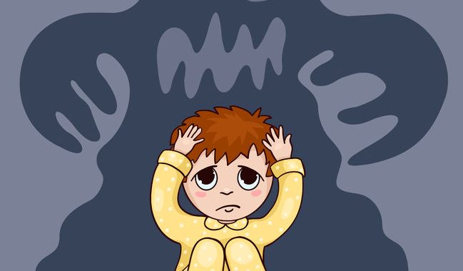 Little Boy And His Fear. Vector Cartoon Illustration.