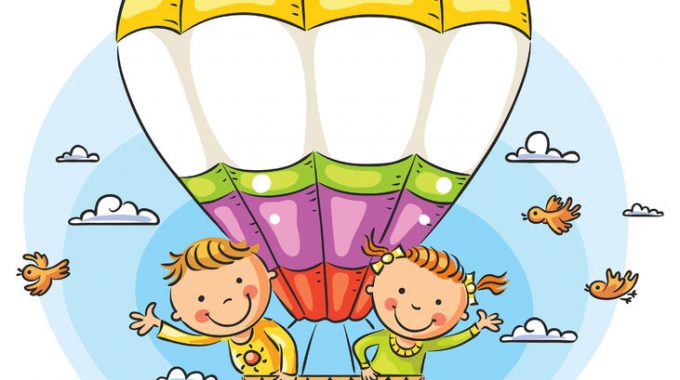 Happy Cartoon Kids Travelling By Air With Copy Space Across The Balloon