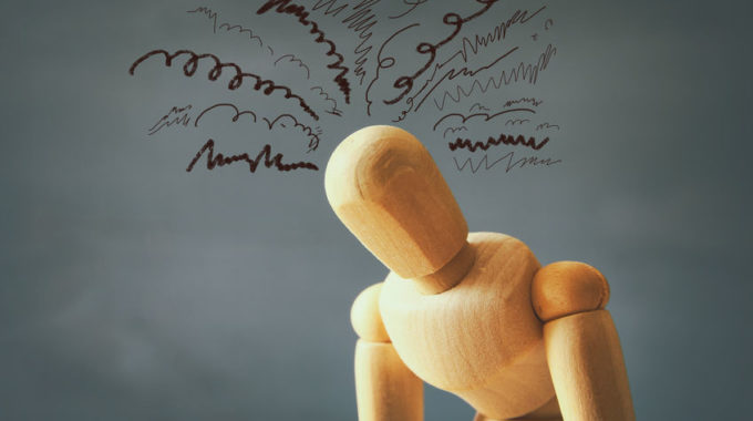 Image Of Wooden Dummy With Worried Stressed Thoughts. Depression, Obsessive Compulsive, Adhd, Anxiety Disorders Concept