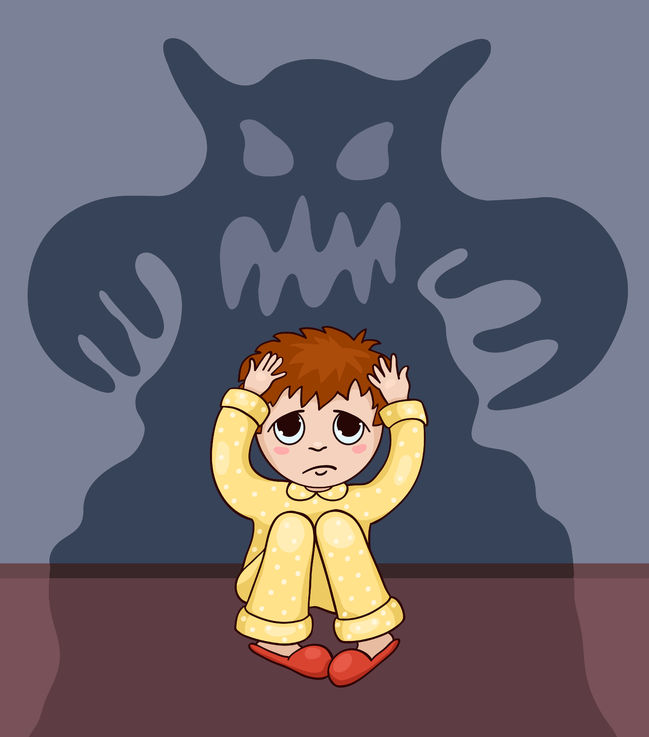 Little Boy And His Fear. Vector Cartoon Illustration.