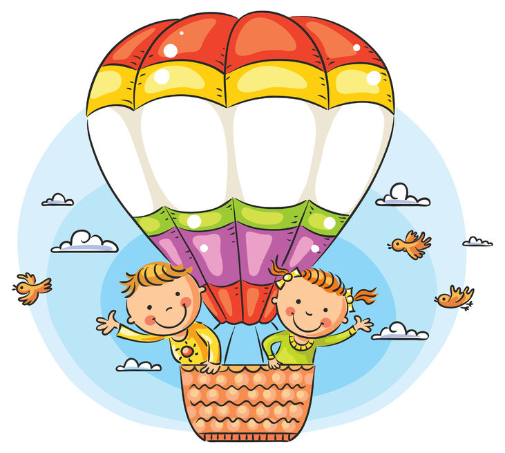 Happy Cartoon Kids Travelling By Air With Copy Space Across The Balloon